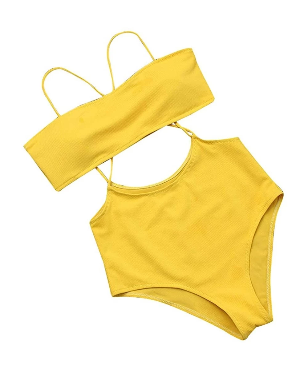 Sets Women Texture Bikini Push-Up Pad Swimwear Bathing Swimsuit Beachwear Set - Yellow - CP18OD9OWWS