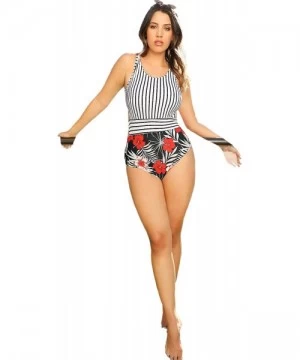 One-Pieces Women's Plus Floral & Striped One Piece Monokini Swimsuits Bathing Suit - Multi - C3194EIQYH9