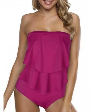 One-Pieces Women's Bandeau One Piece Swimsuit Layered Ruffle Swimwear Flounce Bathing Suit - Wine Time - CG19GEIEG0R