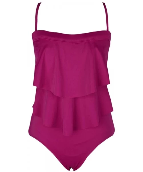 One-Pieces Women's Bandeau One Piece Swimsuit Layered Ruffle Swimwear Flounce Bathing Suit - Wine Time - CG19GEIEG0R