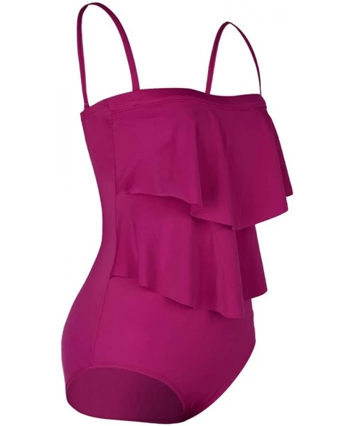 One-Pieces Women's Bandeau One Piece Swimsuit Layered Ruffle Swimwear Flounce Bathing Suit - Wine Time - CG19GEIEG0R