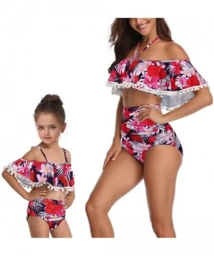 Sets Women Two Pieces Swimwear Mom and Daughter Tassel Bikini Ruffle Swimsuits Girls Bathing Suit - Off Shoulder Red - C618QK...