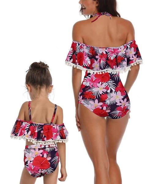 Sets Women Two Pieces Swimwear Mom and Daughter Tassel Bikini Ruffle Swimsuits Girls Bathing Suit - Off Shoulder Red - C618QK...