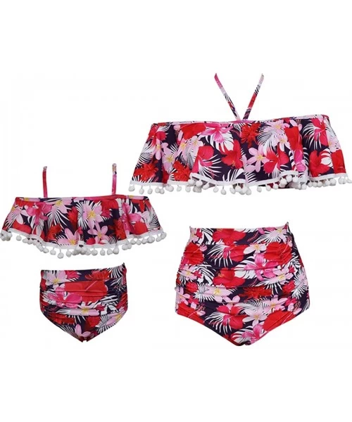 Sets Women Two Pieces Swimwear Mom and Daughter Tassel Bikini Ruffle Swimsuits Girls Bathing Suit - Off Shoulder Red - C618QK...