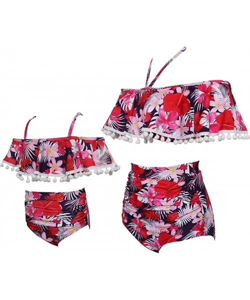 Sets Women Two Pieces Swimwear Mom and Daughter Tassel Bikini Ruffle Swimsuits Girls Bathing Suit - Off Shoulder Red - C618QK...