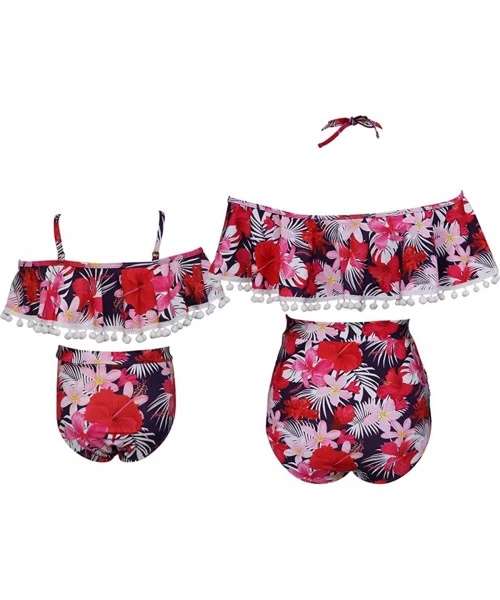 Sets Women Two Pieces Swimwear Mom and Daughter Tassel Bikini Ruffle Swimsuits Girls Bathing Suit - Off Shoulder Red - C618QK...