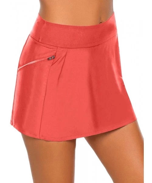 Bottoms Women's Pleated Swim Skirt Mid Waist Swimsuit Bottom Swimwear - Pocket Zip Coral - C2194Q4X3CL