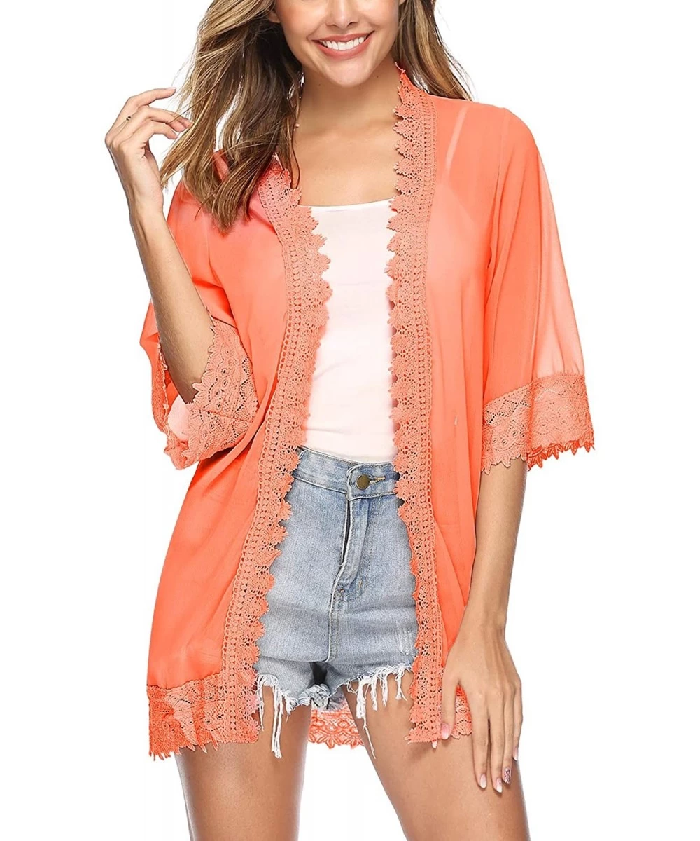 Cover-Ups Lace Kimono Cardigan for Women Casual Blouse Chiffon Cover up for Beach Bikini Swimsuit - Orange - C219CCWZ353