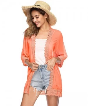 Cover-Ups Lace Kimono Cardigan for Women Casual Blouse Chiffon Cover up for Beach Bikini Swimsuit - Orange - C219CCWZ353