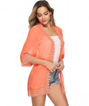 Cover-Ups Lace Kimono Cardigan for Women Casual Blouse Chiffon Cover up for Beach Bikini Swimsuit - Orange - C219CCWZ353