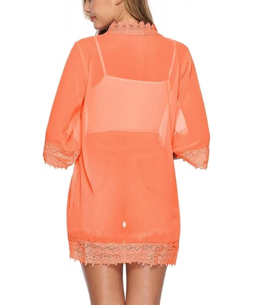 Cover-Ups Lace Kimono Cardigan for Women Casual Blouse Chiffon Cover up for Beach Bikini Swimsuit - Orange - C219CCWZ353