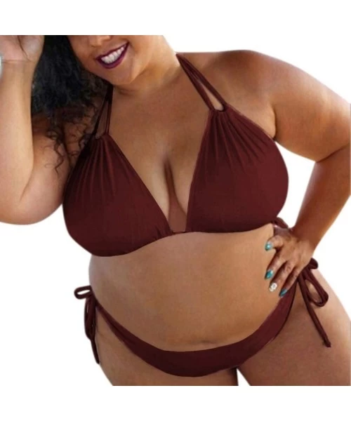 Sets Ladies Push Up Padded Swimwear Plus Size Bikini Set Solid Color Bathing Suit - Wine - CQ196UL35IO