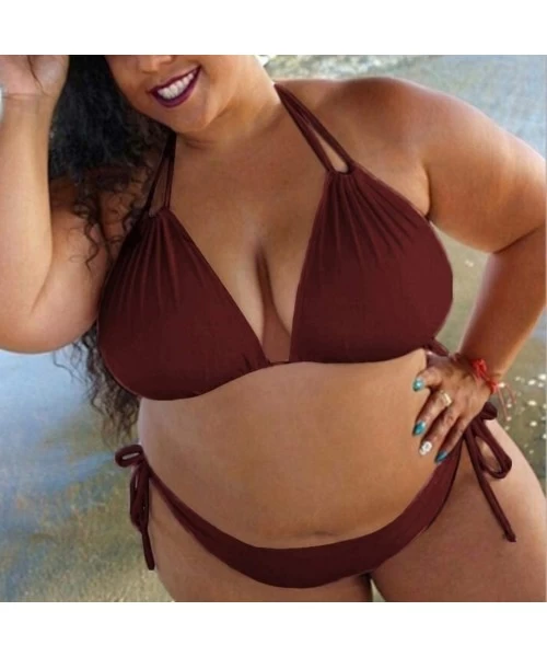 Sets Ladies Push Up Padded Swimwear Plus Size Bikini Set Solid Color Bathing Suit - Wine - CQ196UL35IO