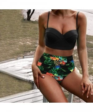 Tops Women's High Waist Bikini Swimwear Women's Vintage Print Beachwear Bikini Set Swimwear - Green - CX18SYG3SQ8