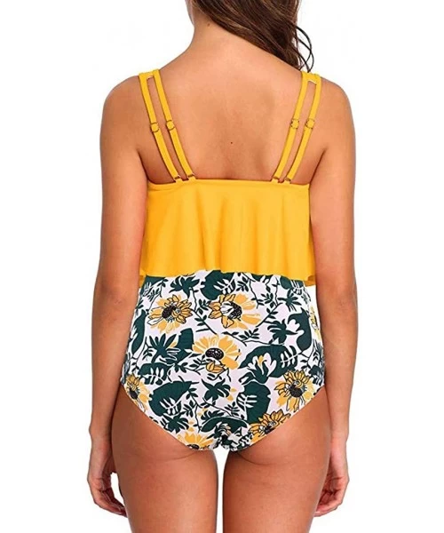 Sets Swimsuits for Women Two Pieces Bathing Suits Top Ruffled Racerback High Waisted Bottom Tankini Set Swimwear Yellow - CU1...