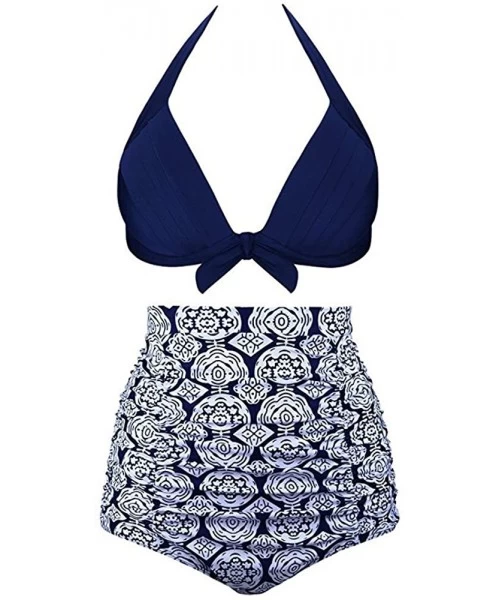 Cover-Ups Women's High Waist Bikini Swimwear Women's Vintage Print Beachwear Bikini Set Swimwear - B2-dark Blue - C3196LA5TKE