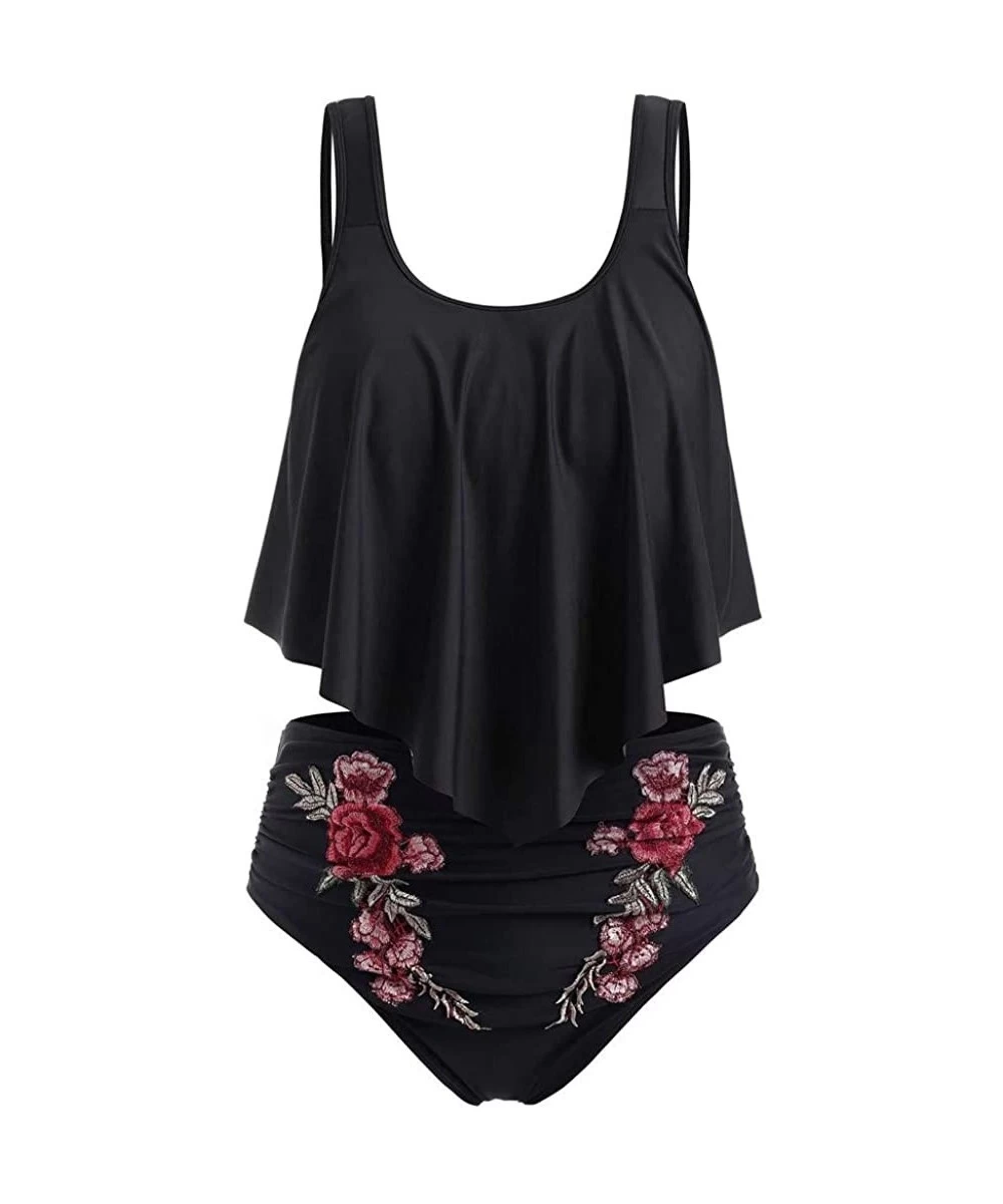 Sets Women's Two Pieces Ruched High Waist Bikini Set - 04 Embroidery Floral-black - CV18W6LS8MM