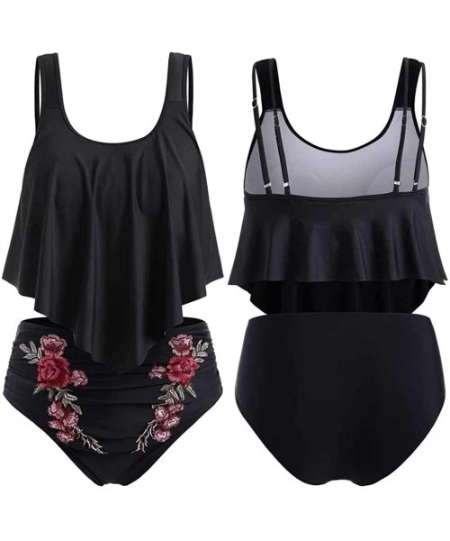 Sets Women's Two Pieces Ruched High Waist Bikini Set - 04 Embroidery Floral-black - CV18W6LS8MM