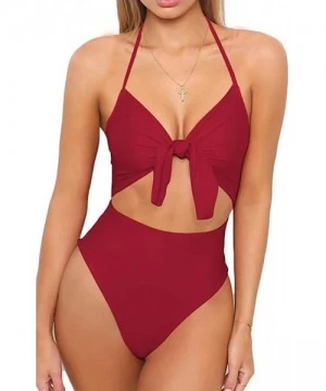 One-Pieces Women One Piece Swimsuit High Waisted Bathing Suits Front Tie Cutout High Cut Swimwear Bikini - Wine Red Swimsuit ...