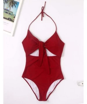 One-Pieces Women One Piece Swimsuit High Waisted Bathing Suits Front Tie Cutout High Cut Swimwear Bikini - Wine Red Swimsuit ...