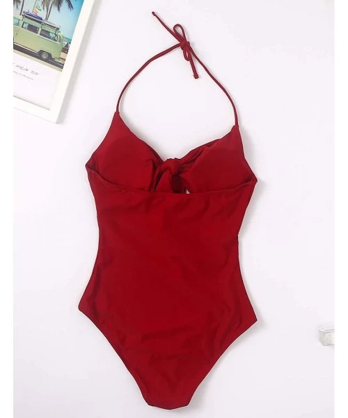 One-Pieces Women One Piece Swimsuit High Waisted Bathing Suits Front Tie Cutout High Cut Swimwear Bikini - Wine Red Swimsuit ...