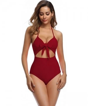 One-Pieces Women One Piece Swimsuit High Waisted Bathing Suits Front Tie Cutout High Cut Swimwear Bikini - Wine Red Swimsuit ...