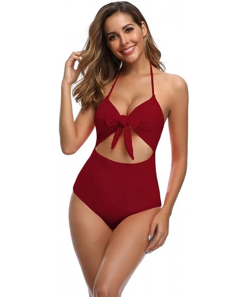 One-Pieces Women One Piece Swimsuit High Waisted Bathing Suits Front Tie Cutout High Cut Swimwear Bikini - Wine Red Swimsuit ...