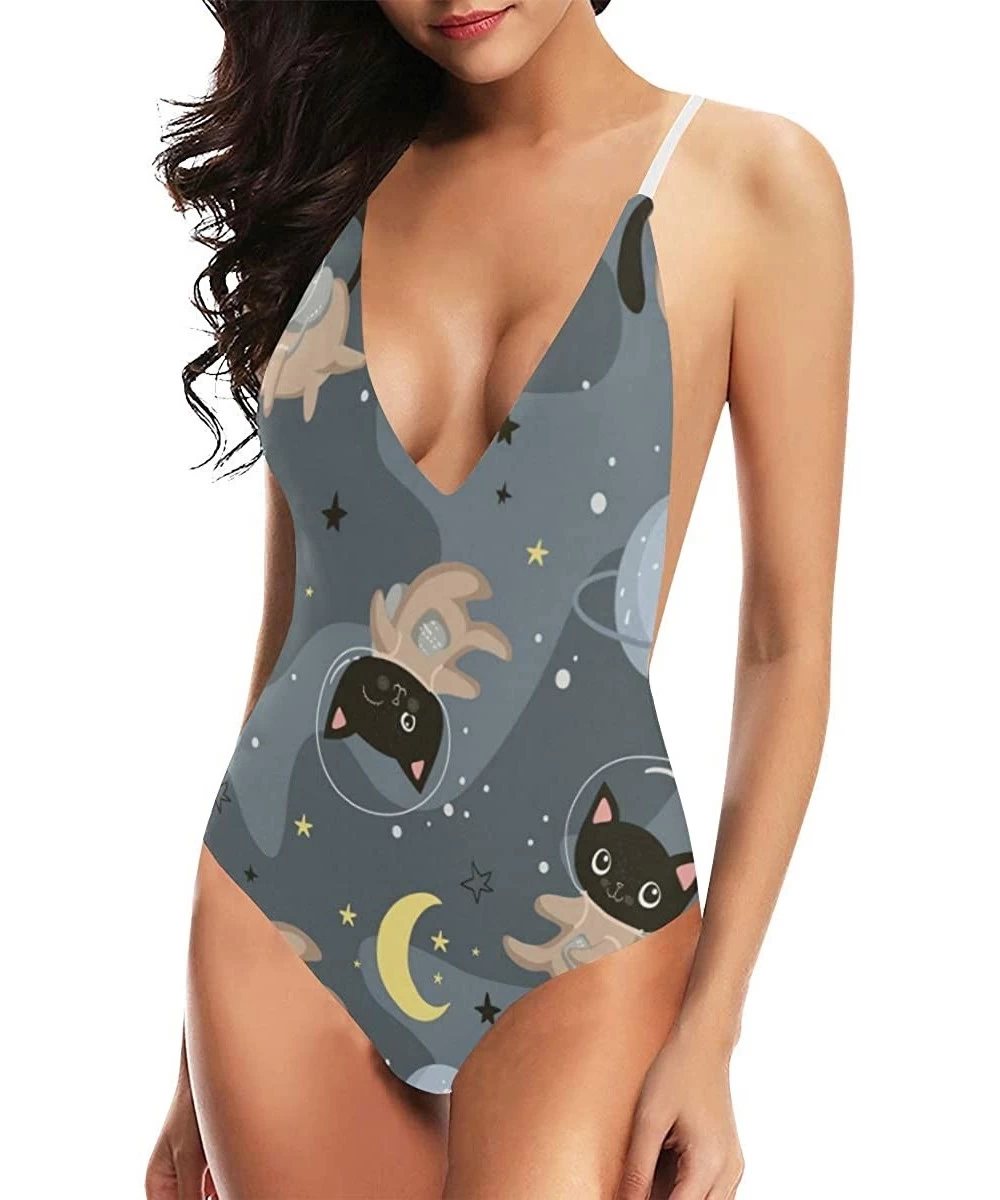 One-Pieces Funny Cats Animal V-Neck Women Lacing Backless One-Piece Swimsuit Bathing Suit XS-3XL - Design 7 - C618U2E4NKC