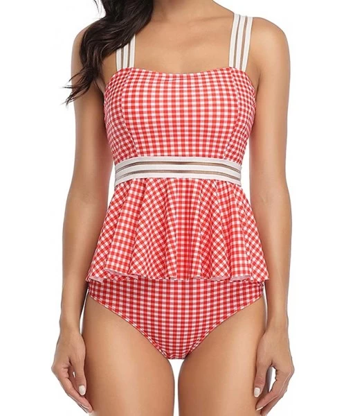 Sets Women Tankini Ruffle Peplum Top High Waist Swimsuit 2 Piece Swimwear - Red Plaid - C3193IY0XN4