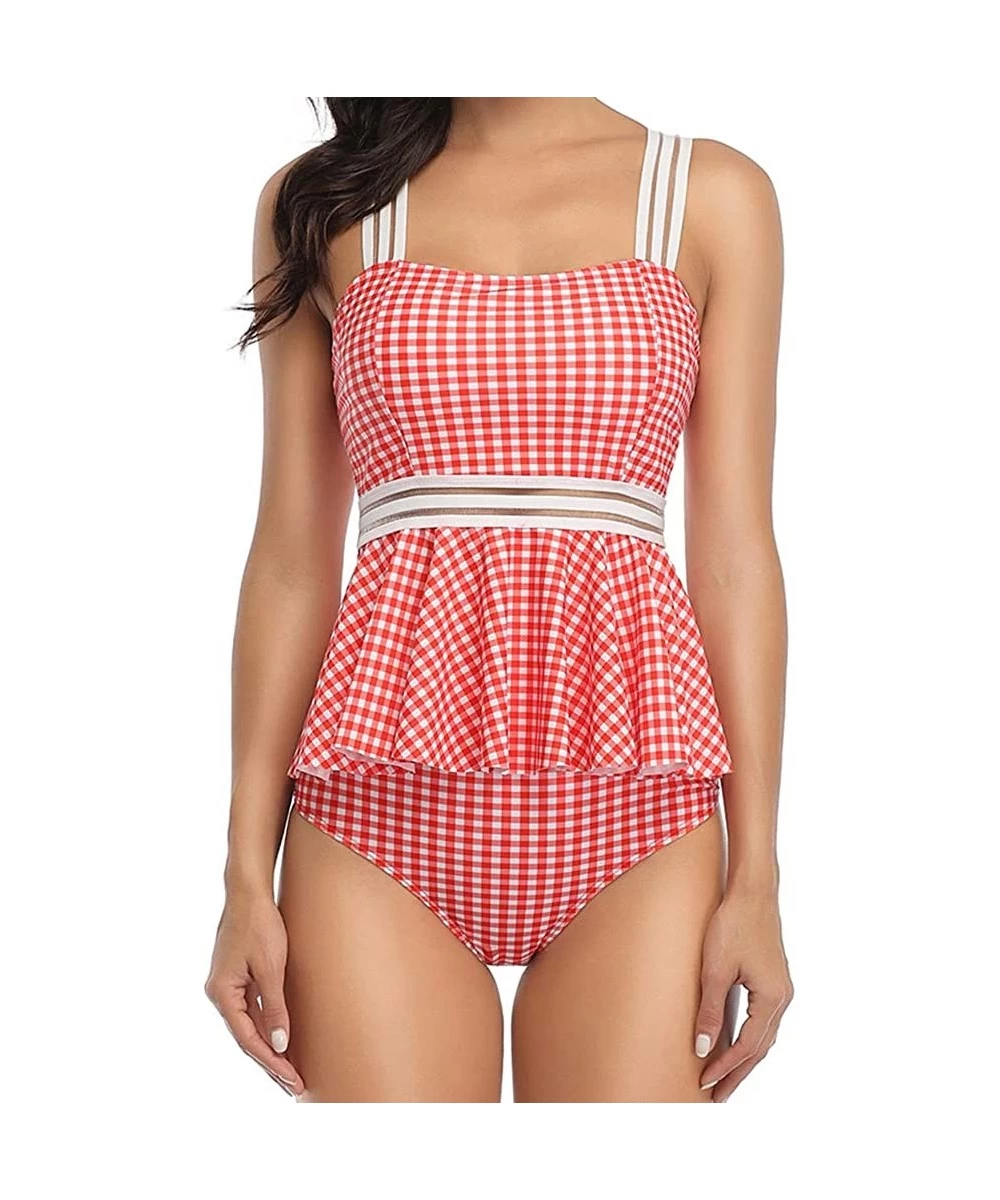 Sets Women Tankini Ruffle Peplum Top High Waist Swimsuit 2 Piece Swimwear - Red Plaid - C3193IY0XN4