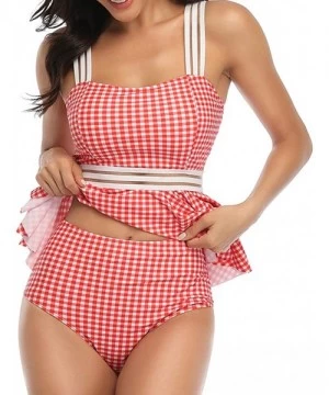 Sets Women Tankini Ruffle Peplum Top High Waist Swimsuit 2 Piece Swimwear - Red Plaid - C3193IY0XN4