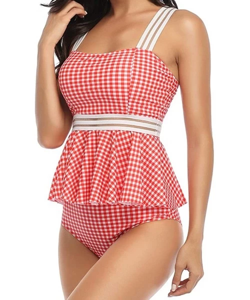 Sets Women Tankini Ruffle Peplum Top High Waist Swimsuit 2 Piece Swimwear - Red Plaid - C3193IY0XN4