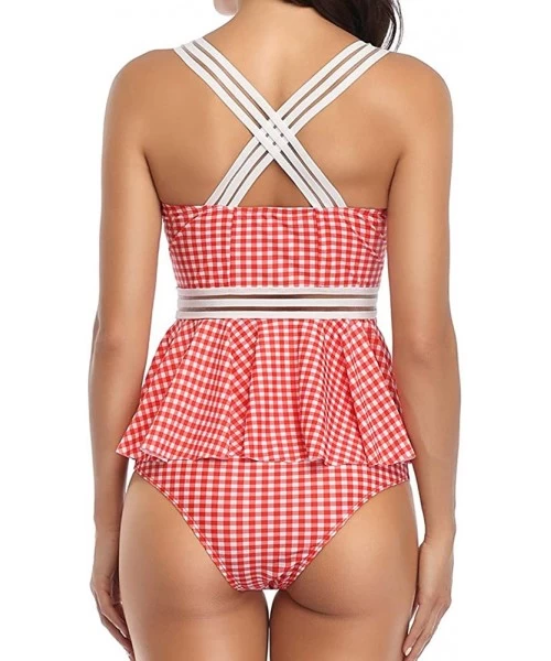 Sets Women Tankini Ruffle Peplum Top High Waist Swimsuit 2 Piece Swimwear - Red Plaid - C3193IY0XN4