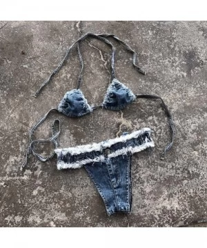 Tankinis Women's Sexy Denim Bikini Set Thong Cheeky Jeans Shorts and Bra - Blue - CR183R847N8