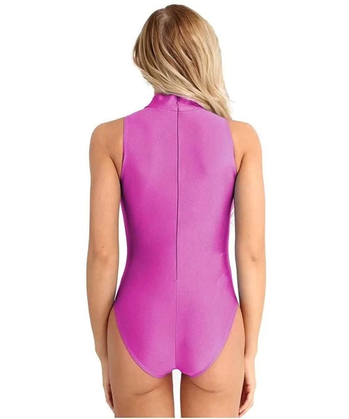 Racing Women's Mock Neck Sleeveless One Piece Bodysuit Lingerie Back Zipper Thongs Leotard Jumpsuit Swimsuit - Rose - CV18G7C...