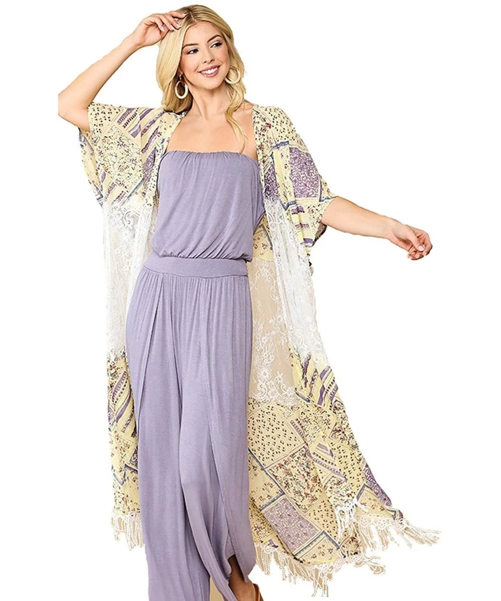 Cover-Ups Women Boho Summer Cover up Floral Lace Long Cardigan Robe Maxi Kimonos - Tc1058 Lemon - CB198ZQQ35D