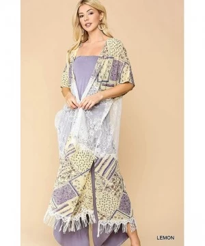 Cover-Ups Women Boho Summer Cover up Floral Lace Long Cardigan Robe Maxi Kimonos - Tc1058 Lemon - CB198ZQQ35D