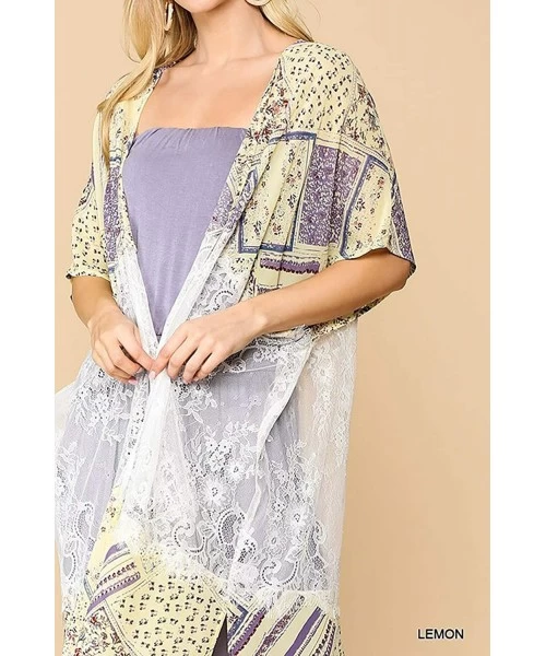 Cover-Ups Women Boho Summer Cover up Floral Lace Long Cardigan Robe Maxi Kimonos - Tc1058 Lemon - CB198ZQQ35D