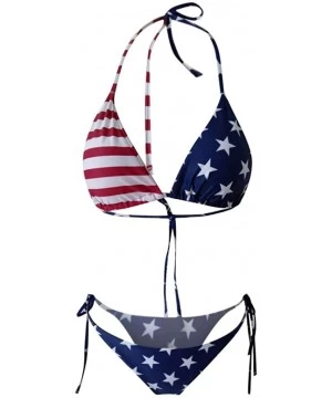 Sets Women's Sexy American Flag Print High Cut Leg Bikini Set Two Piece Swimsuit - Blue - C8199NC80XZ