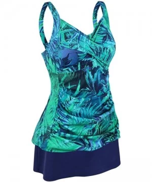 Racing Women's Plus Size Swimwear Floral Tankini Set Ruched Modest Two Piece Skirt Swimsuit - Greenleaf - CV18NWGYALC