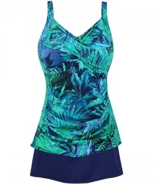 Racing Women's Plus Size Swimwear Floral Tankini Set Ruched Modest Two Piece Skirt Swimsuit - Greenleaf - CV18NWGYALC