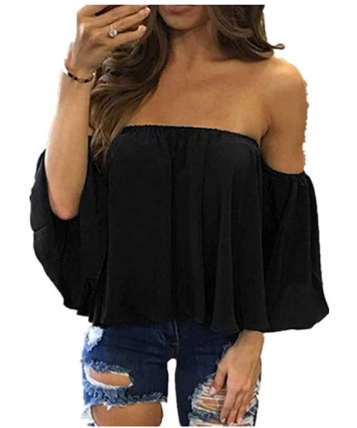 Racing Off Shoulder Blouses for Womens- Floral Stripe Bell Sleeve Baggy Tie Knot Tops Casual Shirts - Black - CH18MH6O370