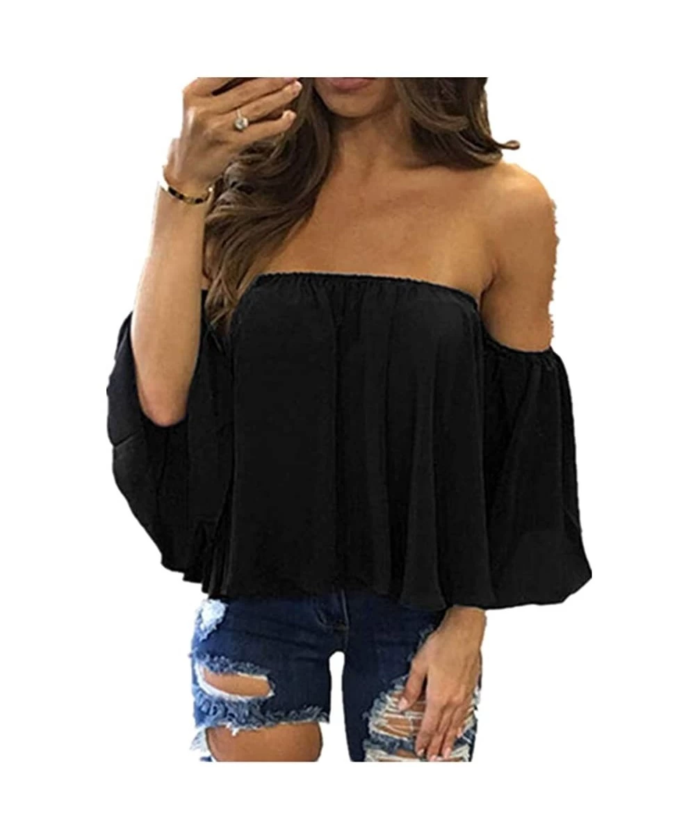 Racing Off Shoulder Blouses for Womens- Floral Stripe Bell Sleeve Baggy Tie Knot Tops Casual Shirts - Black - CH18MH6O370