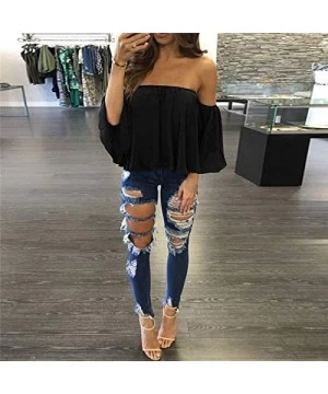 Racing Off Shoulder Blouses for Womens- Floral Stripe Bell Sleeve Baggy Tie Knot Tops Casual Shirts - Black - CH18MH6O370