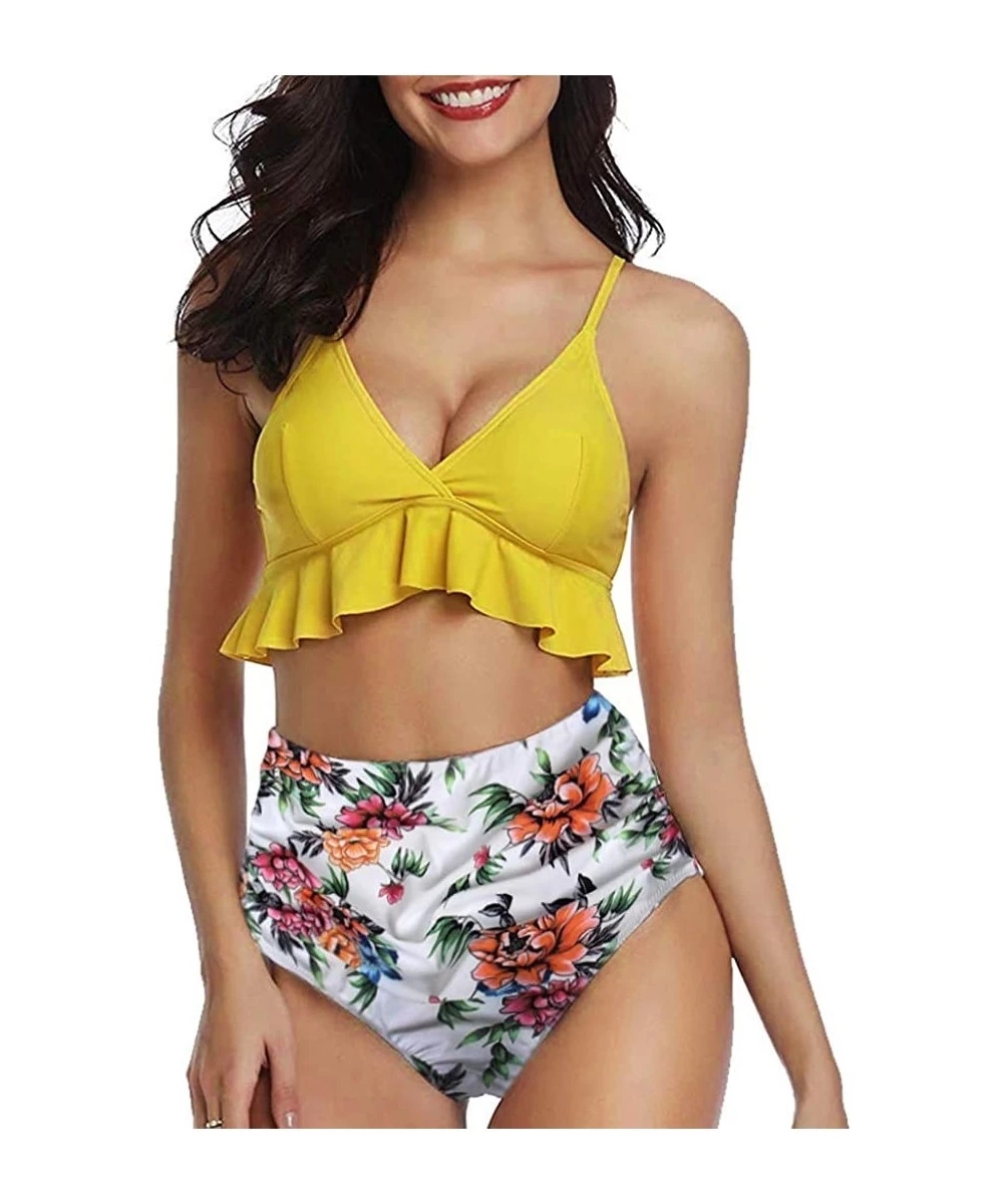 Sets Womens Bathing Suits High Waisted Swimsuits Two Piece Bikini Set Tummy Control Bottom Flounce Falbala Swimwear - Yellow-...