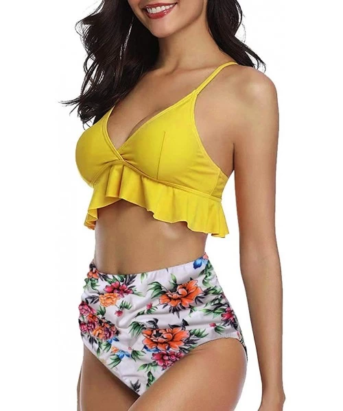 Sets Womens Bathing Suits High Waisted Swimsuits Two Piece Bikini Set Tummy Control Bottom Flounce Falbala Swimwear - Yellow-...