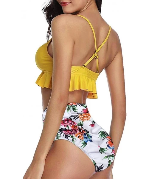 Sets Womens Bathing Suits High Waisted Swimsuits Two Piece Bikini Set Tummy Control Bottom Flounce Falbala Swimwear - Yellow-...