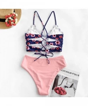 Sets Swimsuits for Women Tummy Control Tankini Set-Women's Leaf Print Lace Up Ruched High Waisted Bathing Suits Swimsuit - Z0...