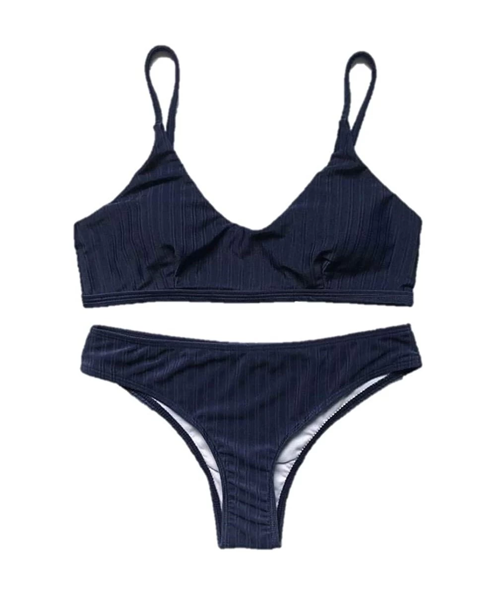 Sets Women's Sexy Bikini Set Printed Padded Push Up Swimwear Halter Bathing Suits Deep V Neck Swimsuit Monokini Navy - C5196I...