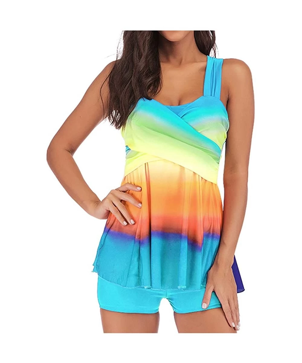 Racing Slimming Colourful Rainbow Gradient Tankini Swimjupmsuit Women Plus Size Swimsuit Padded Beachwear - Light Blue - CU18...